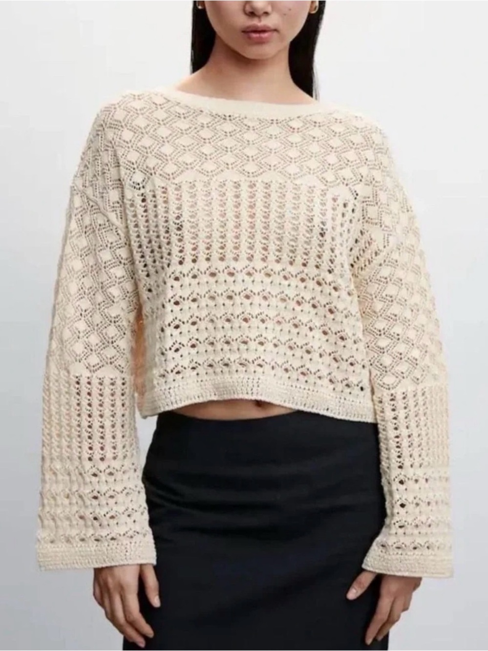 Mango Open-Knit Cropped Sweater in Cream